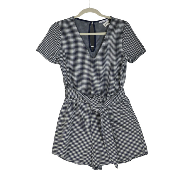 Zara Knit Romper Womens L Nautical Gingham Blue White Check Attached Tie Waist - Picture 1 of 11